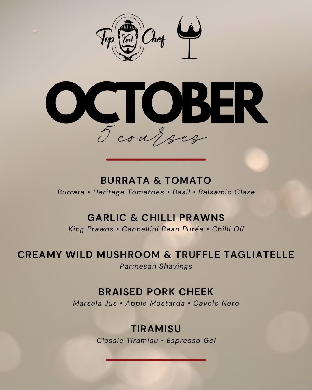 October five course evening menu poster — Top Knot Chef at The Bishop's Cave, Bishops Stortford