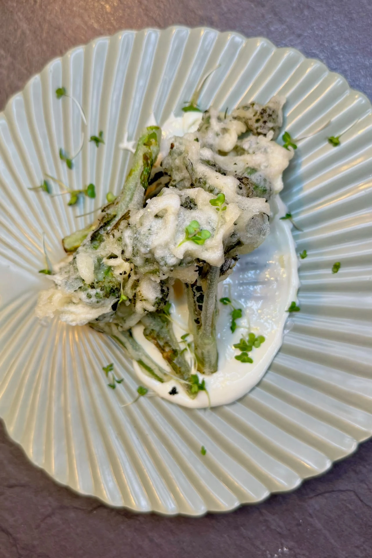 Tempura tenderstem broccoli with whipped crème fraîche