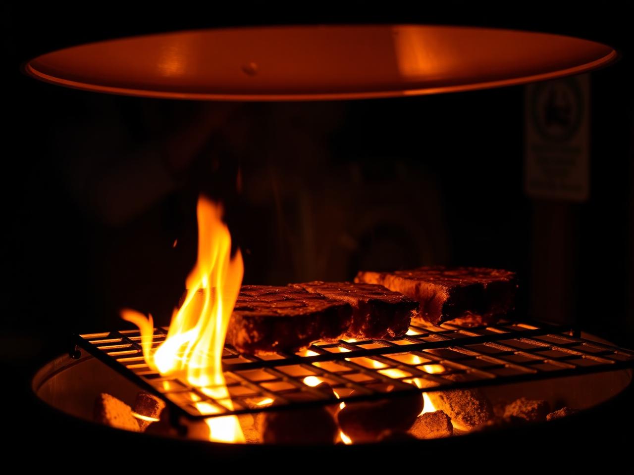Meat and vegetables cooking over open flame